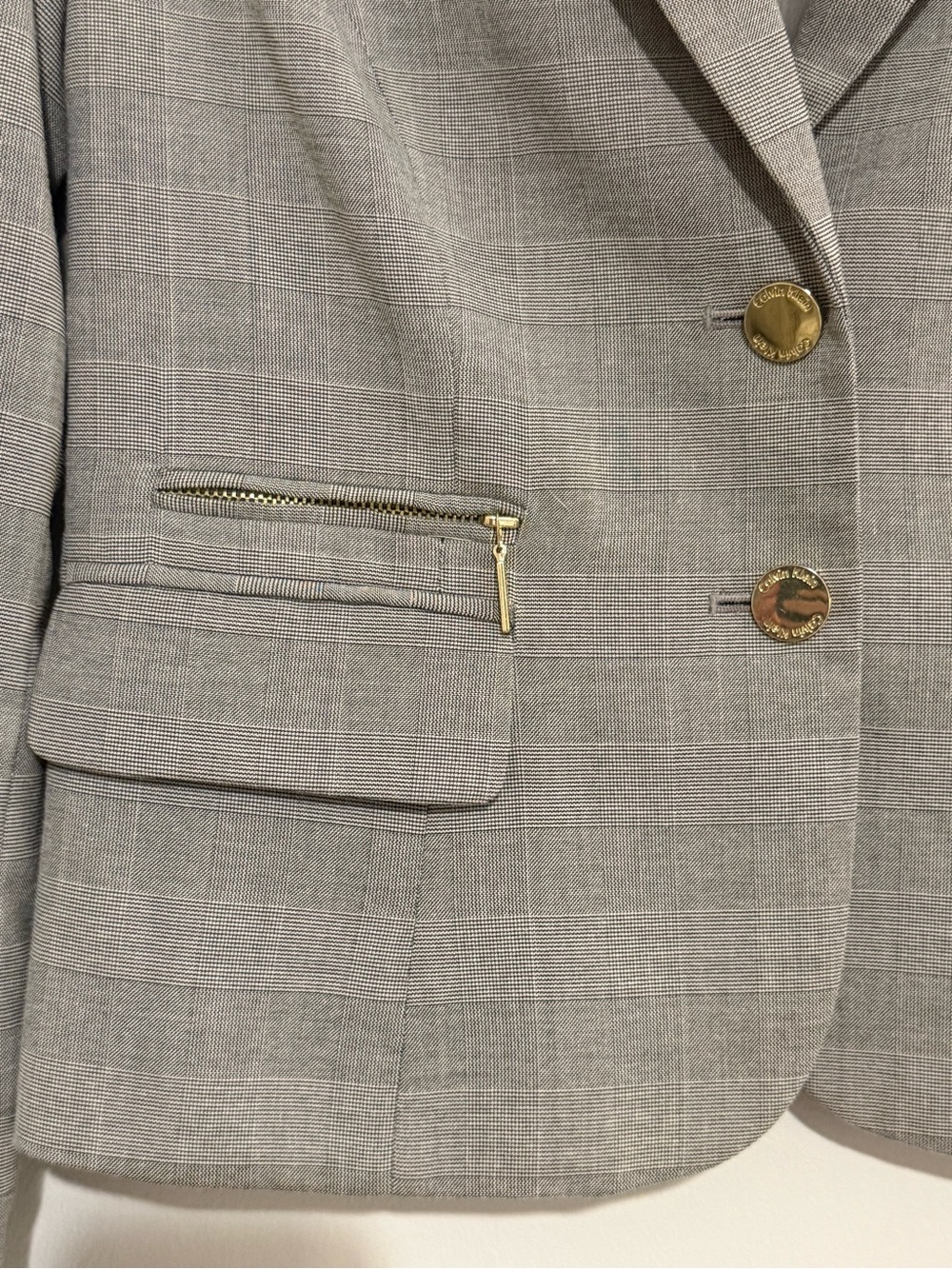 Calvin Klein Women’s Light Gray Plaid Fitted Blazer with Gold Buttons - Picture 2 of 9